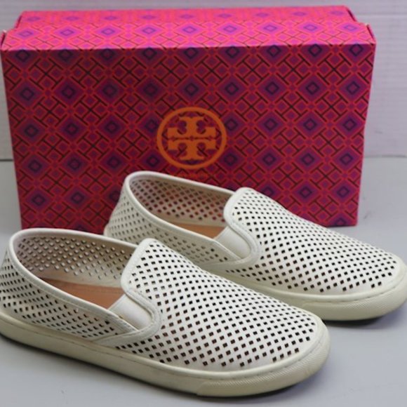 Tory Burch Jesse White Leather Perforated Casual  Slip on Shoes Sneakers 8 - Picture 3 of 9